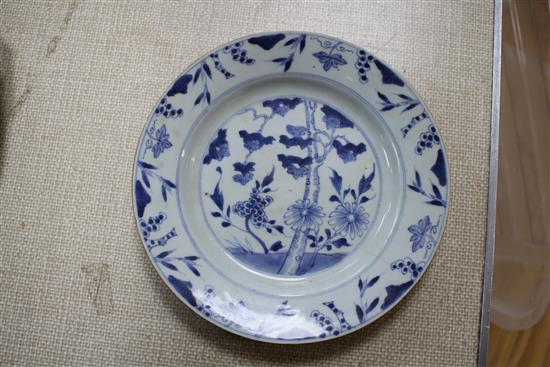 Two 18th century Chinese blue and white octagonal meat plates, 25cm and 31cm, a circular plate decorated with warriors, 25cm, another w